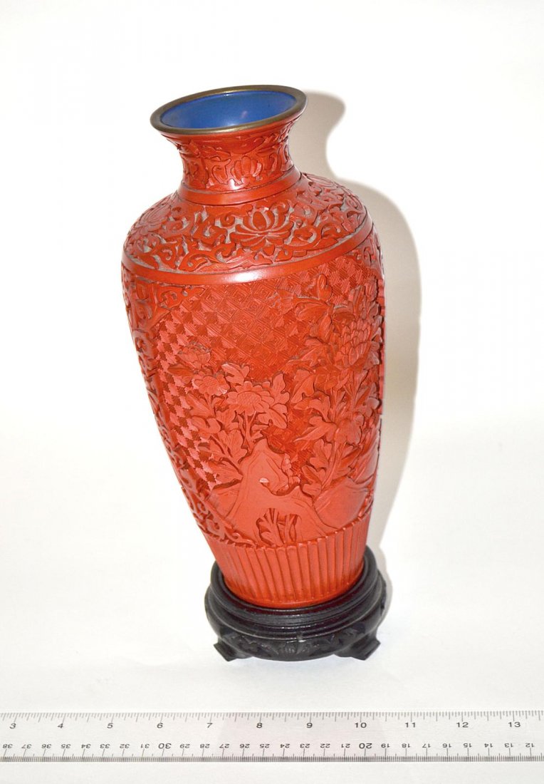 Chinese Red Cinnabar Vase: Chinese red cinnabar vase. Overall good condition, 10 1/2" H.