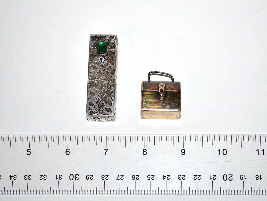 Silver Lipstick Case & Lunch Box Charm: Lipstick features an integral mirror. [3/4" sq x 2 1/8" H]. Lunch box has functional hinges [1 1/4" H x 1" W x 7/8" D]. [1.795 inclusive].