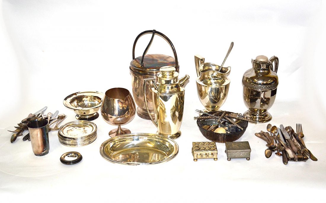 Lot of Silver Plate: Flatware, Bowls, Etc.: Comprises a monogrammed dinner service for nine, water pitchers, cocktail shaker, plates, salt & peppers, etc.