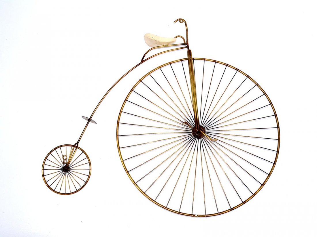 C. Jere Bike Sculpture: Modern brass penny farthing bicycle wall sculpture. Good condition. 35" L x 28" H.