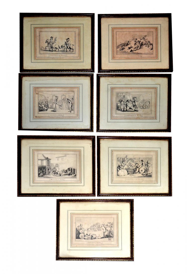 7 Prints Thomas Rowlandson "Comforts of Bath": 1857 re-publications of his 1798 satirical series. Light age-toning and foxing, otherwise good condition. Images: 7 3/8" x 9 3/4". Frames: 14" x 16 1/4".