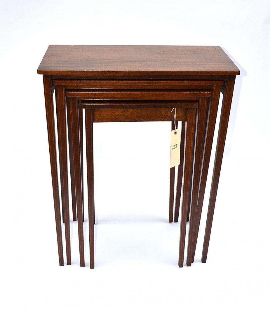 Nest of 4 Hepplewhite Style Tables: Mahogany with line inlay. Largest: 25" W x 15" D x 29" H.