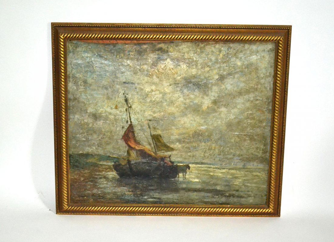 Oil on Canvas, Clouded Seascape: An oil on canvas depicting a clouded seascape at low tide with a settler and boat. Signed lower left, illegibly. Gilt framed: 21" x 25.5". Continental, early 20th C. Good condition. From the Estate of