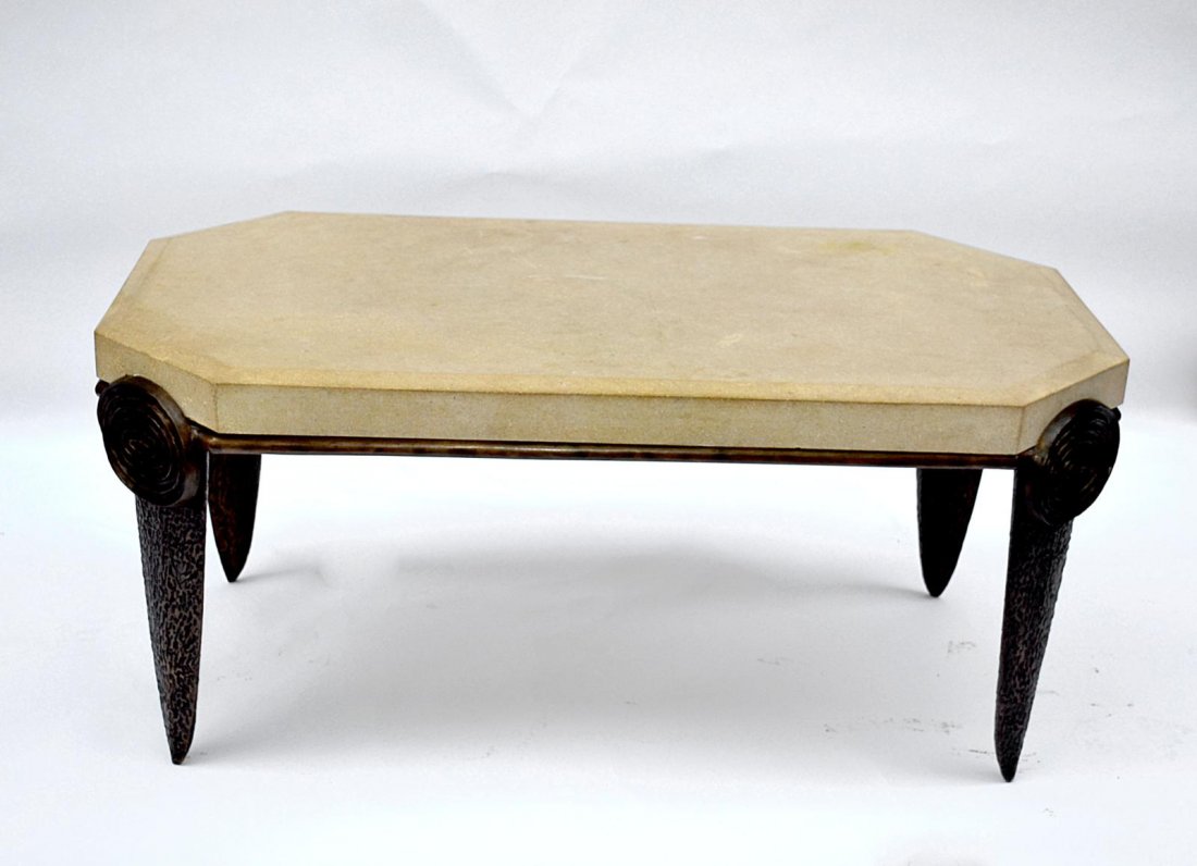 Modern Steel Cocktail Table: In the manner of Oscar Bach, a reproduction steel cocktail table, having a hexagonal form slate top. Good condition. 18 1/2" H x 24" D x 42" L.