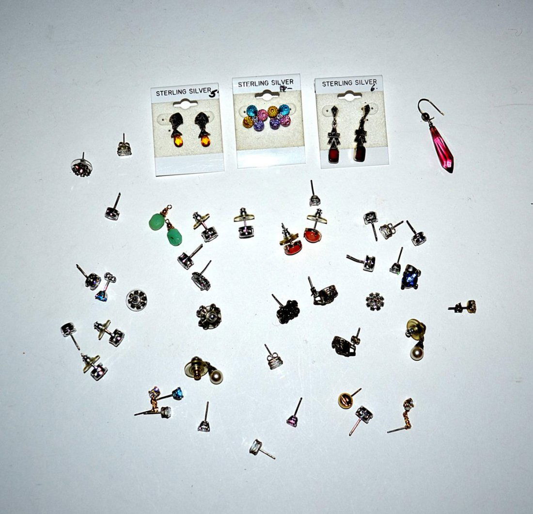 Assorted Sterling Silver Backed Costume Earrings: Comprises 16 pairs of paste stone earrings. Accompanied by 13 single earrings.