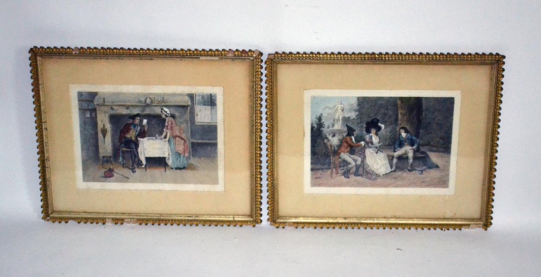 Pair of C. Klackner Engravings, 18th C. Scenes: Comprises an interior scene with man in tri-corner hat, holding a note titled: "Attendance Included", together with a garden courting scene titled: "One Too Many." Images: 8 3/8" x 12 1/2". Frames: 17