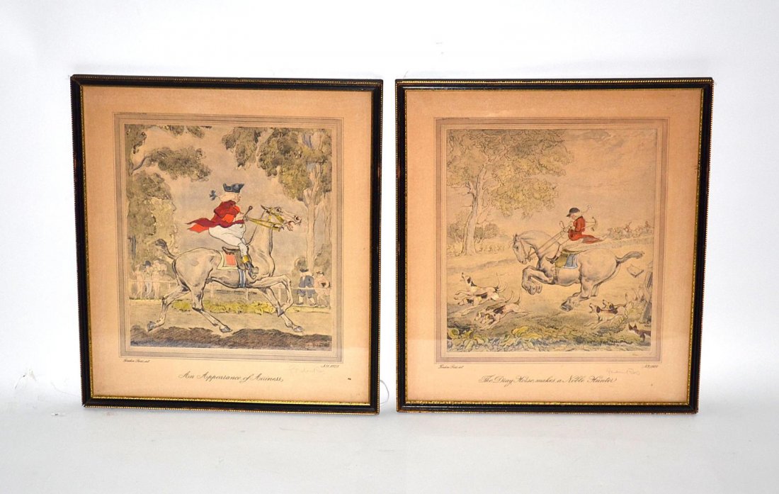 Pair of Hand Colored Prints on Paper: Depicting sporting caricatures. One entitled: "An Appearance of Airiness", the other entitled: "The Day Horse Makes A Noble Hunter." Each pencil signed on mat, lower left, "Gordon Ross"; lower right, 