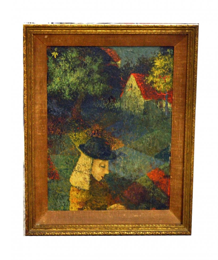 Oil on Board, Girl Seated in Park: An oil on board depicting a girl seated in a park. Monogrammed upper left. Framed: 18" x 12". In good condition. From the Estate of Arthur Laurents.