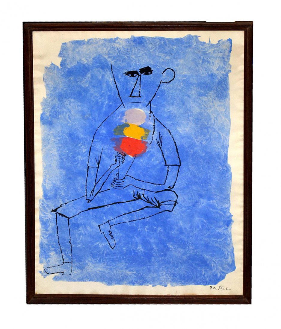 Ben Shahn Lithograph: A lithograph depicting a man with an ice cream cone and three flavored scoops. Signed lower right, "Ben Shahn". Framed and matted under glass: 22" x 32". In good condition. From the Estate of Arthur L