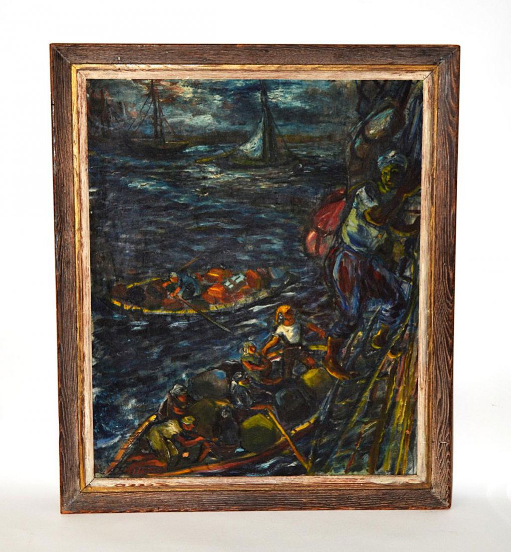 Luba Gurdus, Oil on Canvas Sailors: Depiction of sailors in longboats transporting provisions. Signed "L. Gurdus" at bottom left. Image: 29 1/2" x 24 1/2". Frame: 34 3/4" x 29 3/4". Bears two 2" tears, one at upper left, the other at up