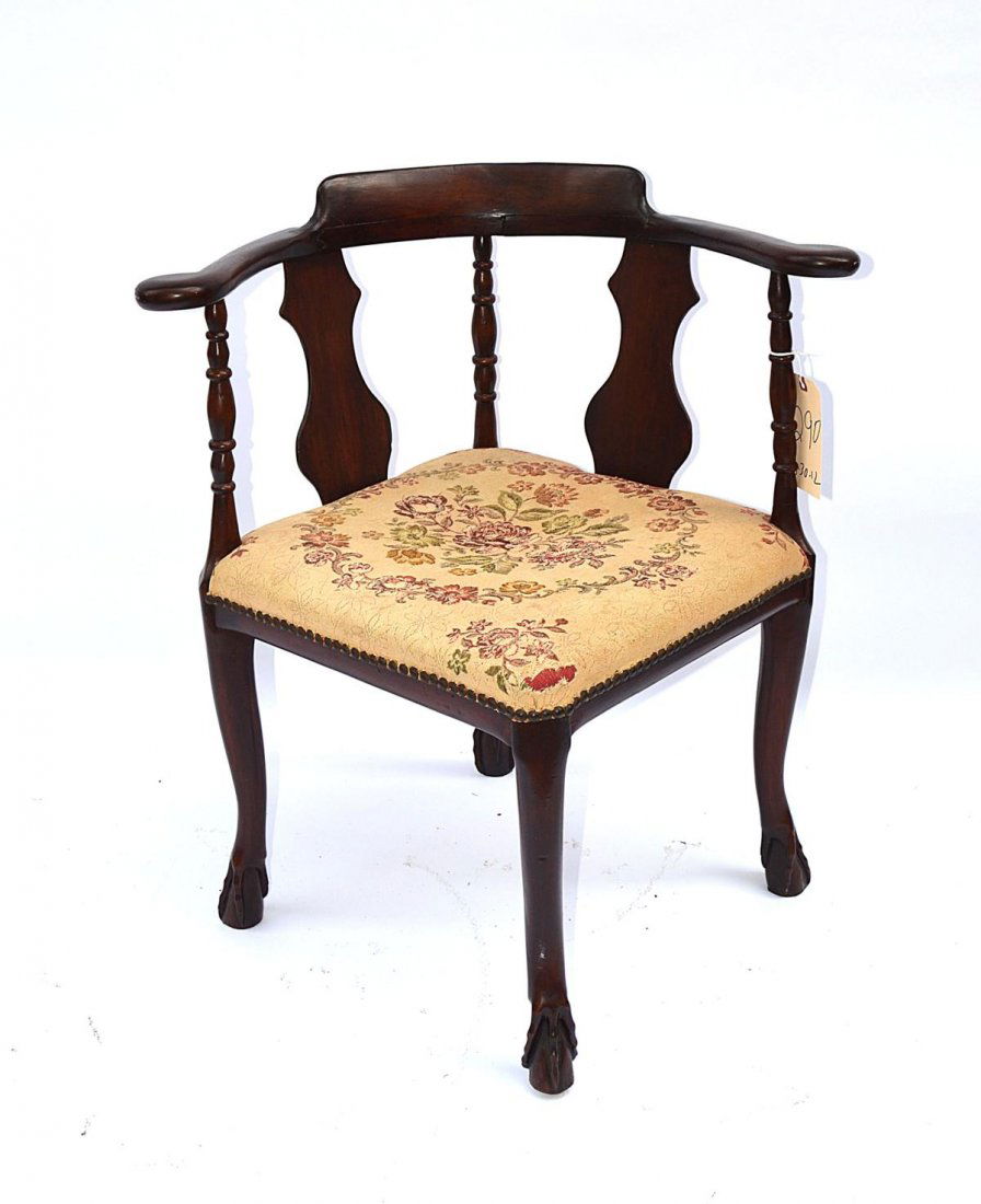 Georgian Style Corner Chair: With ball and claw legs, curved arms, and floral upholstery. 29 1/2" W x 25 1/2" D x 30" H.