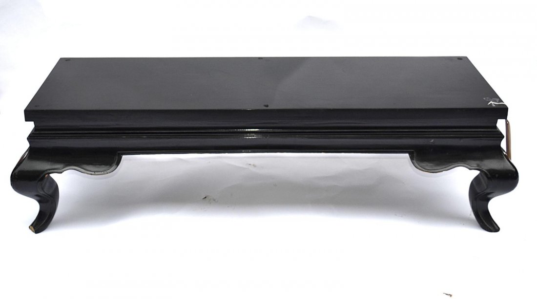 Grossfeld House Black Coffee Table: Modern coffee table, shaped legs, 1940s. 59" L [approx] x 22 1/2" D x 16" H.