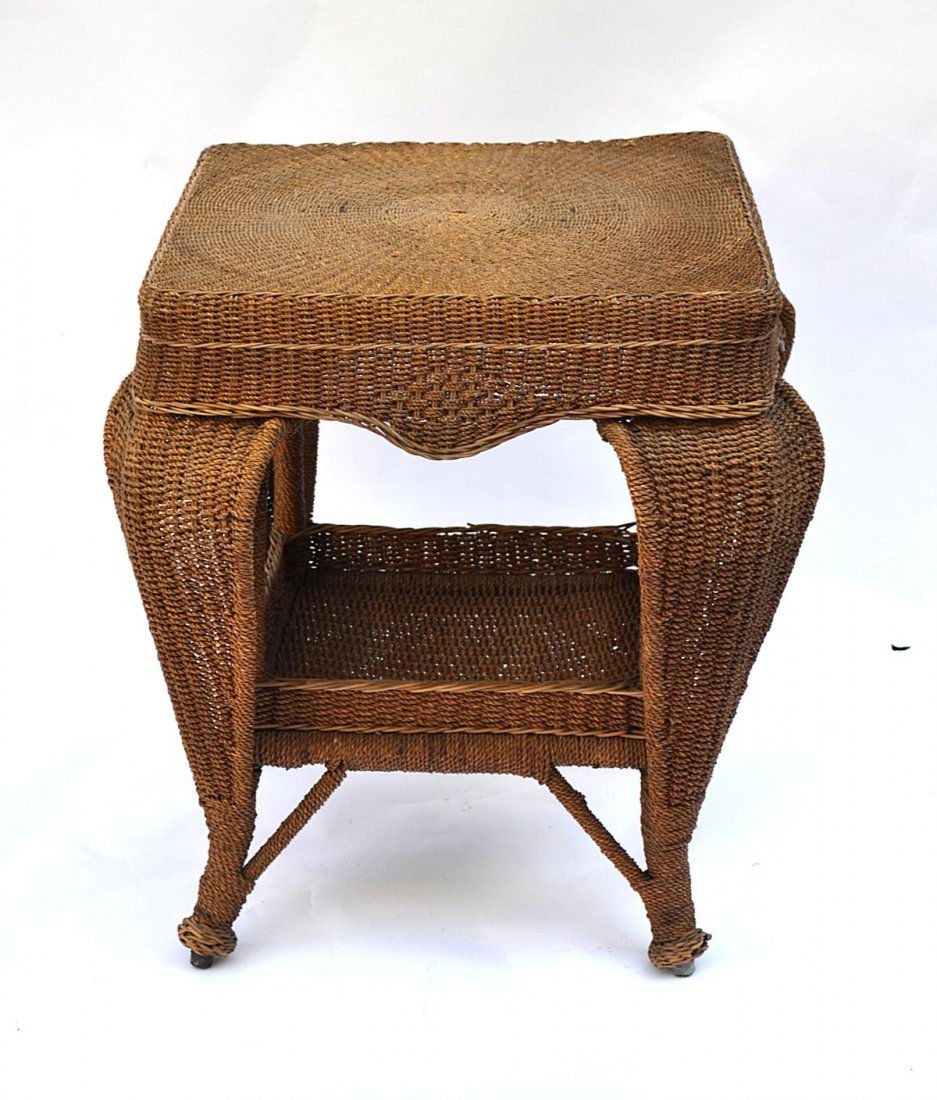 Seagrass Table: Arts & Crafts style two tier with shaped legs. 23 1/2" x 23 1/2" x 29" H.