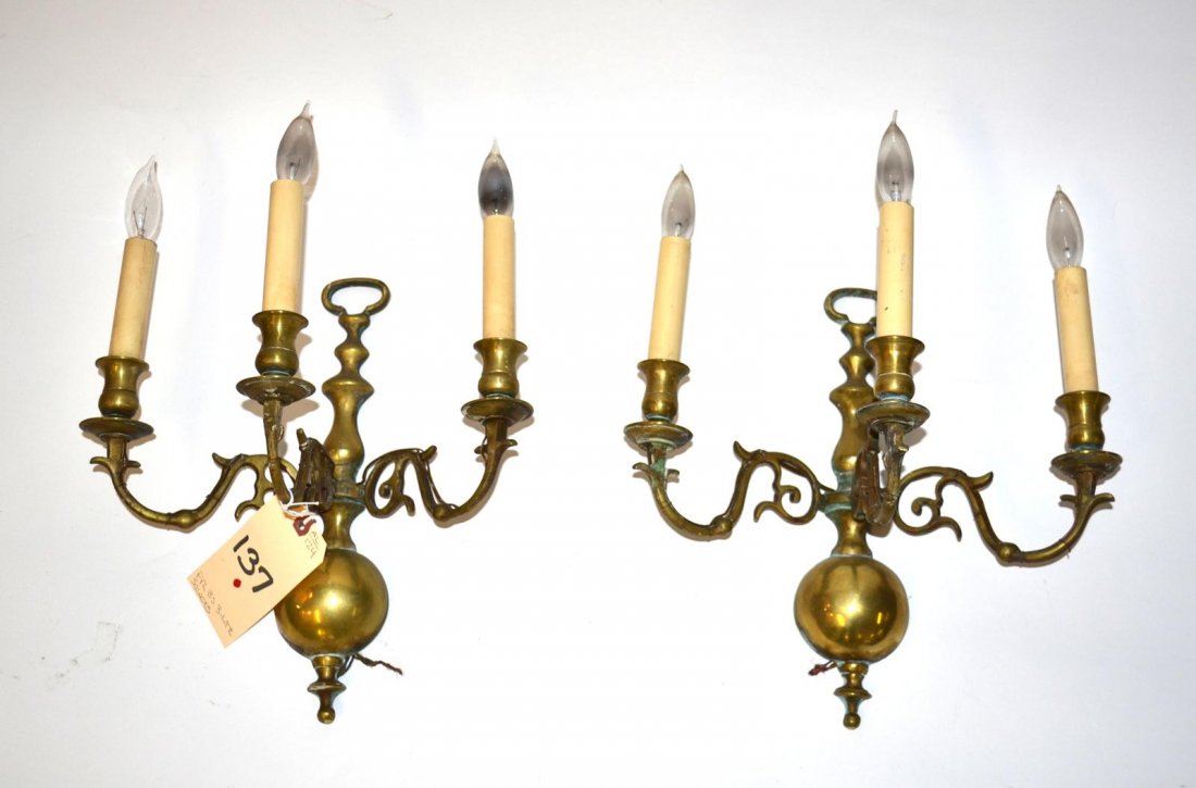 Pair of Bronze Three Light Sconces: Dutch, early 20th C. sconces. Good condition. From the Estate of Arthur Laurents.