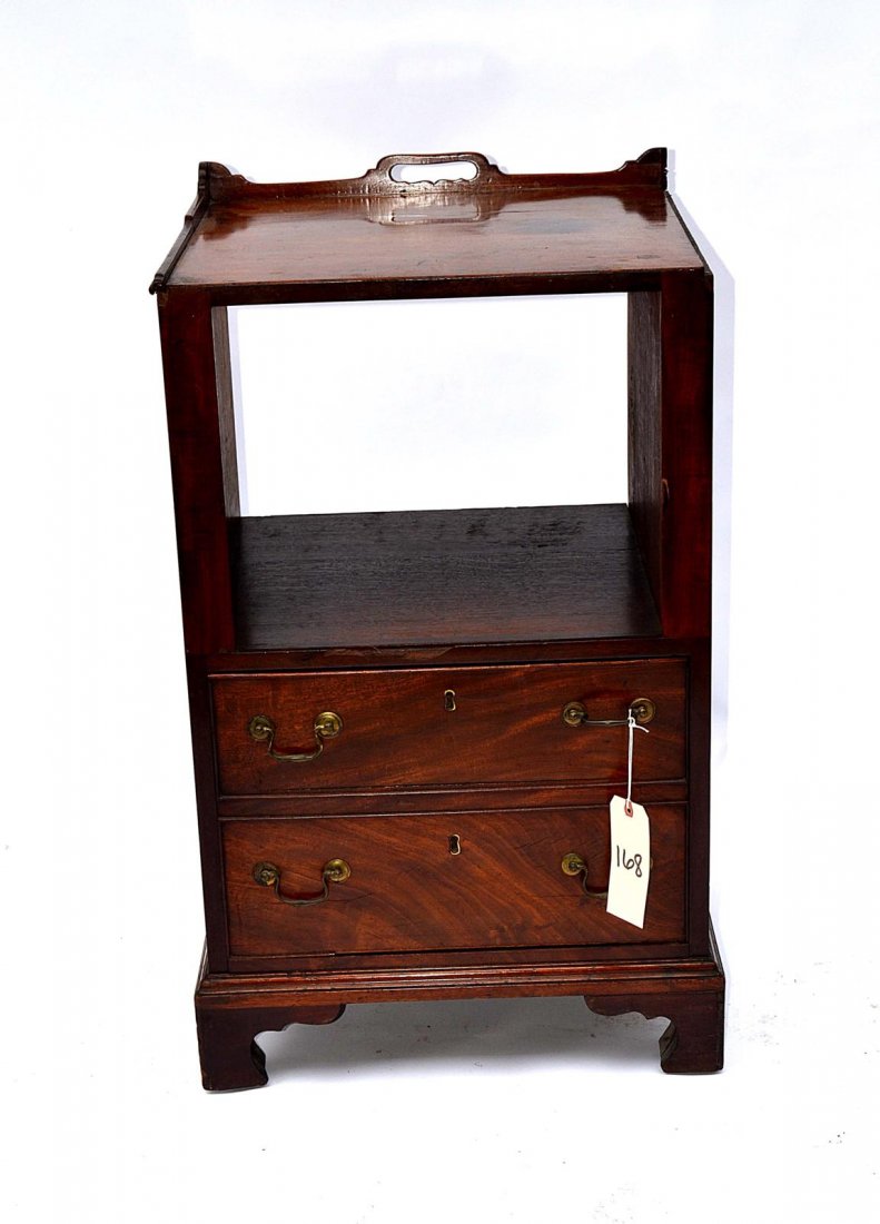 George III Mahogany Tambour Side Table: English, 18th C. side table with gallery. Fair condition, missing tambour slide/door. From the Estate of Arthur Laurents.