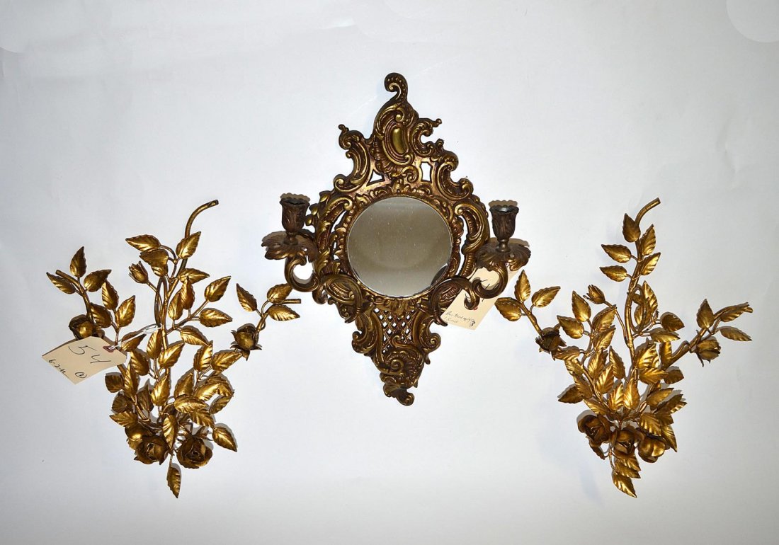 Sconce & Two Appliques: Gilt brass reticulated two-arm sconce, together with a pair of floral and leaf appliques.
