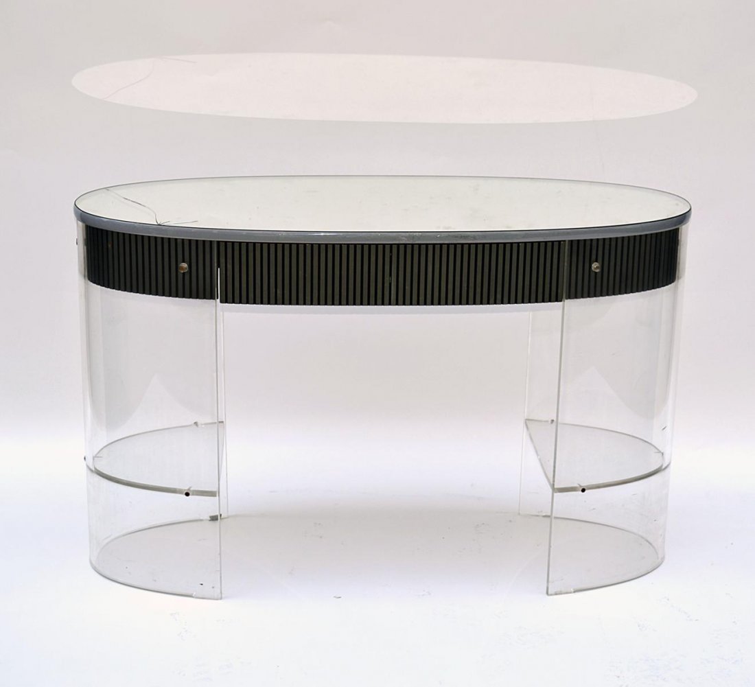 Modern Lucite Vanity: Oval reed form border with one drawer. Mirror top as is. 45 1/2" L x 18" D x 28 3/4" H.