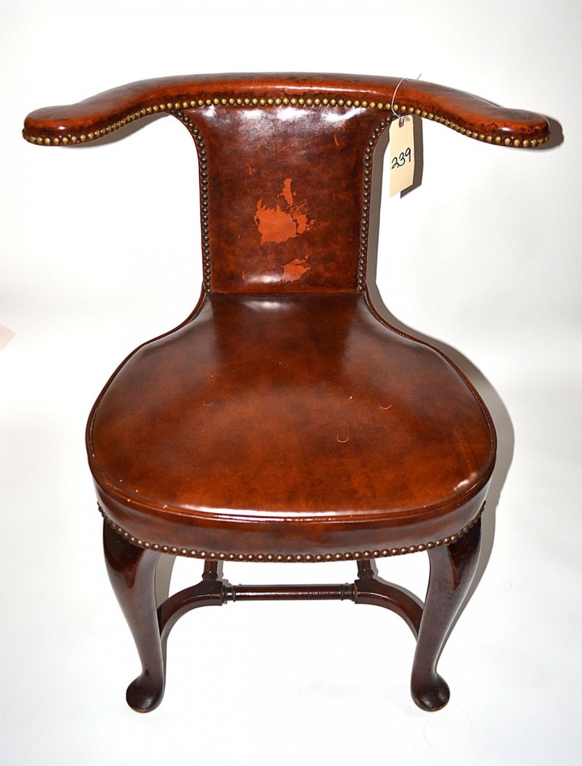 George III Style Mahogany Cock Fight Chair: A George III mahogany cock fight chair having leather upholstery. English, 20th C. Good condition. From the Estate of Arthur Laurents.