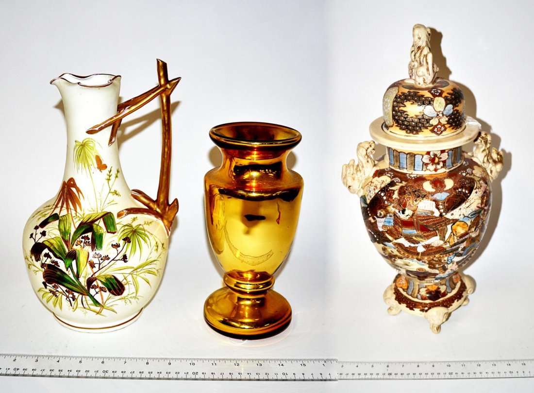 Glass Vase, Porcelain Pitcher, and Satsuma Urn: Czechoslovakian gold mercury glass vase [9 1/4" H] and one porcelain aesthetic movement pitcher [12" H] together with a Japanese Satsuma pottery covered urn. Pitcher has multiple large cracks along ba