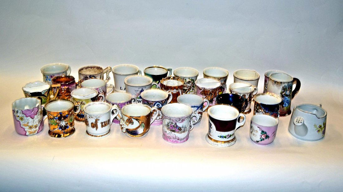 Assorted Moustache & Tea Cups [24 Items]: Group of antique and vintage American, German, English, and French cups. Some bear chips and repairs, otherwise, as a whole, in good condition.