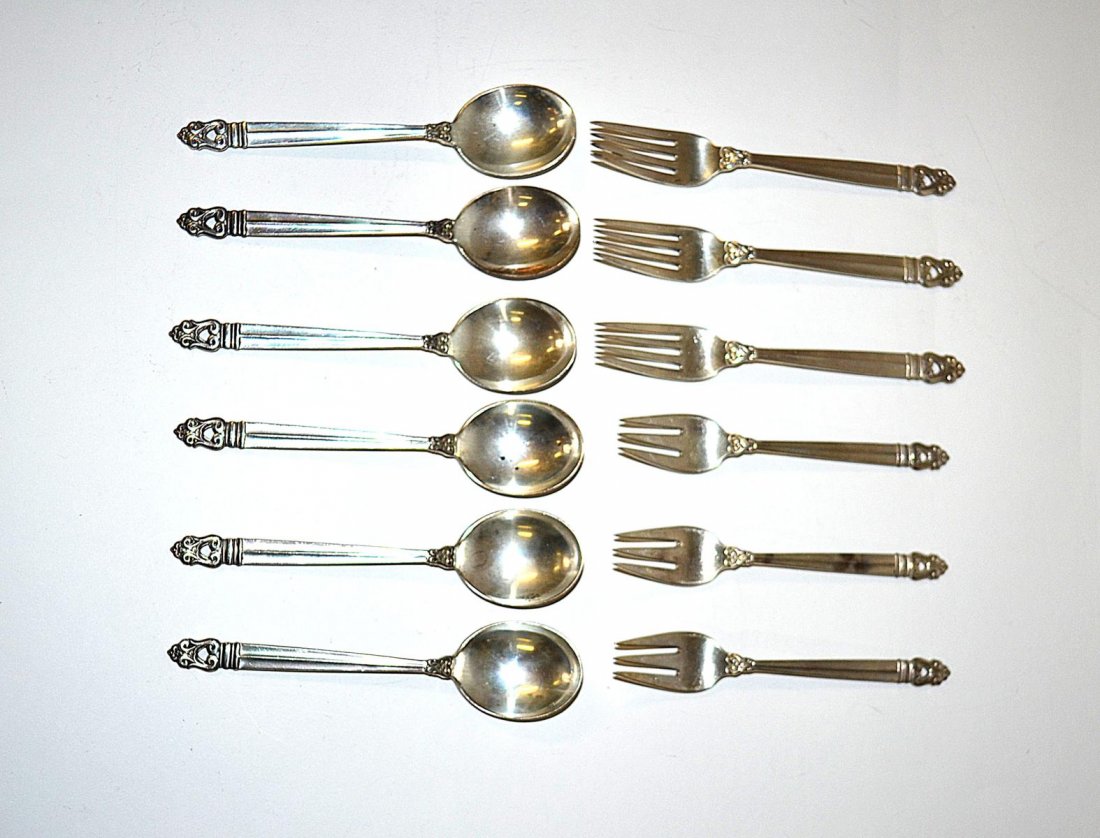 Sterling Int'l Silver "Royal Danish" Flatware: Twelve pieces comprising: three dinner forks, three dessert forks, and six soup spoons. 19.65 ozt. Ex. Collection of Gary Cooper.
