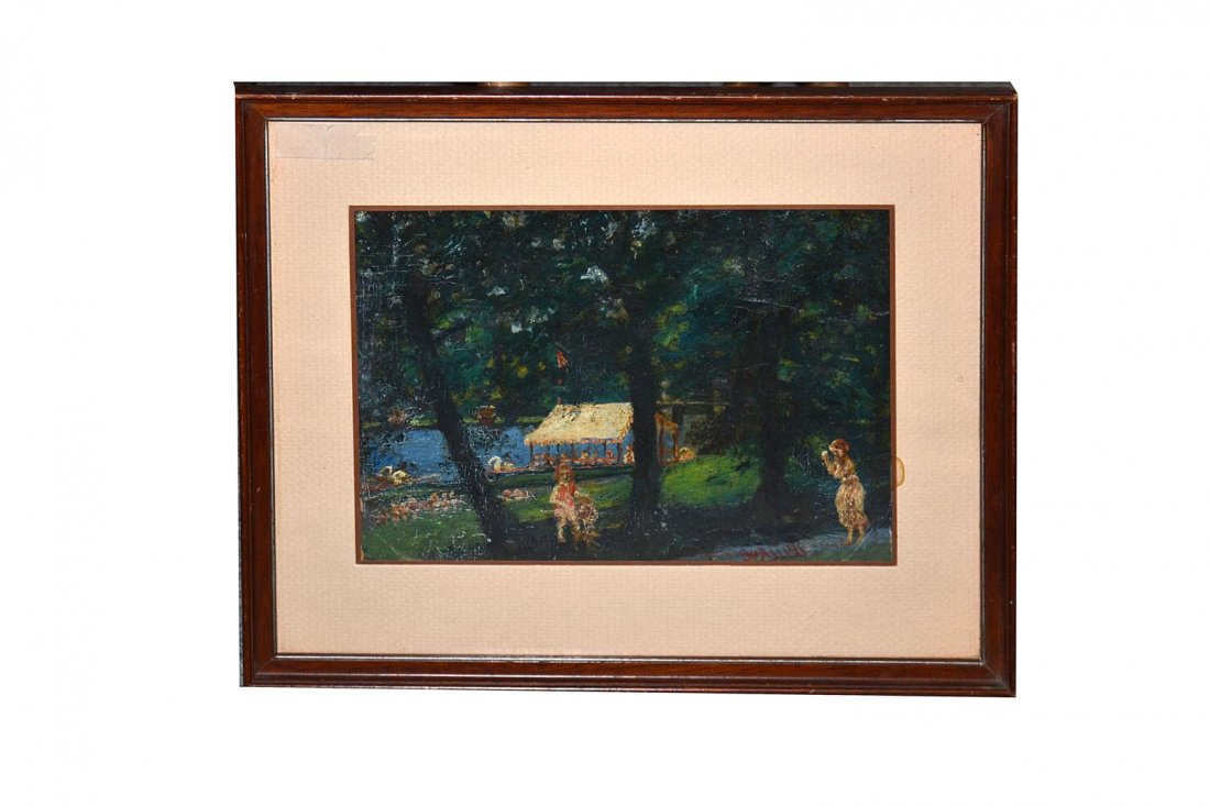 David Burliuk, Park Scene: Framed painting of figures in a park, signed "Burliuk" lower right. Craquelure, losses. Art: 10 3/4" x 7 3/4", Frame: 15 1//2" x 13".