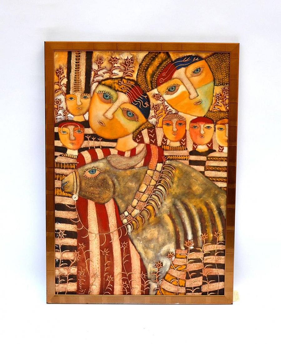 Paolo Cordano, Acrylic Figures: A modern frame acrylic on canvas of figures gathered with an animal "Galiano" on verso. 1957. Overall: 32 1/2" x 45 1/4".