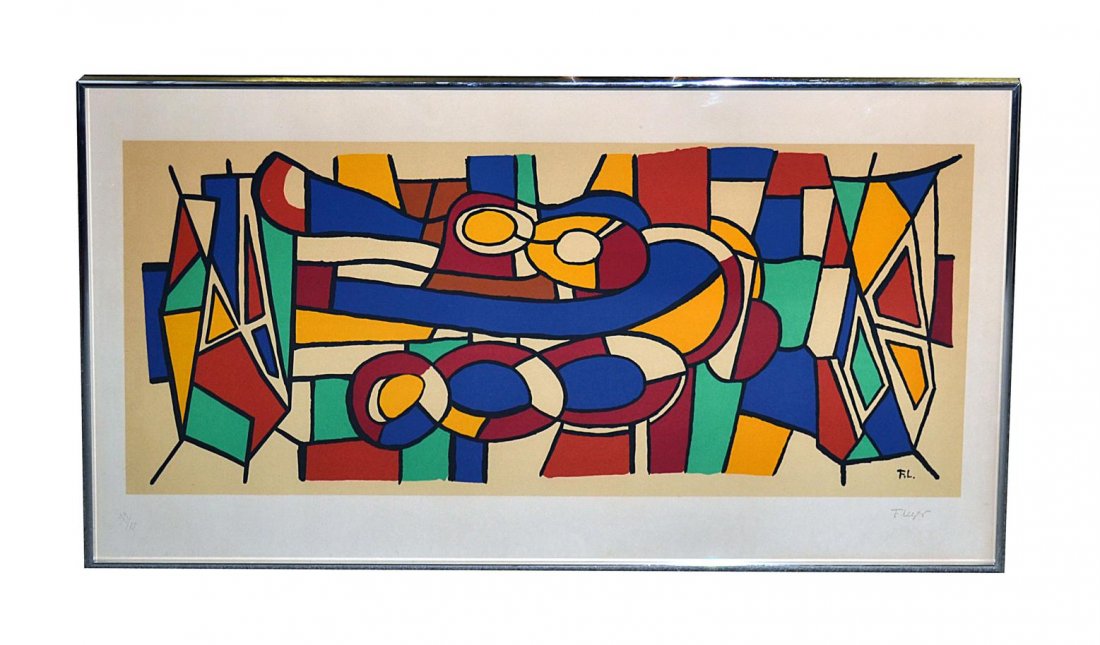 Fernand Léger Lithograph, Geometric Abstract: Lithograph depicting a horizontal abstract with geometric design. Inscribed in pencil at bottom left "79/150" and stamped at bottom right "F. Leger" with a facsimile signature. Also signed in-the-plat