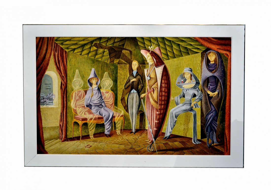 Roberto Alvarez Rios, Figures: Framed painting of an interior court room session signed A. Rios [lower right]. Art: 24" x 36", Frame: 28 3/4" x 42".