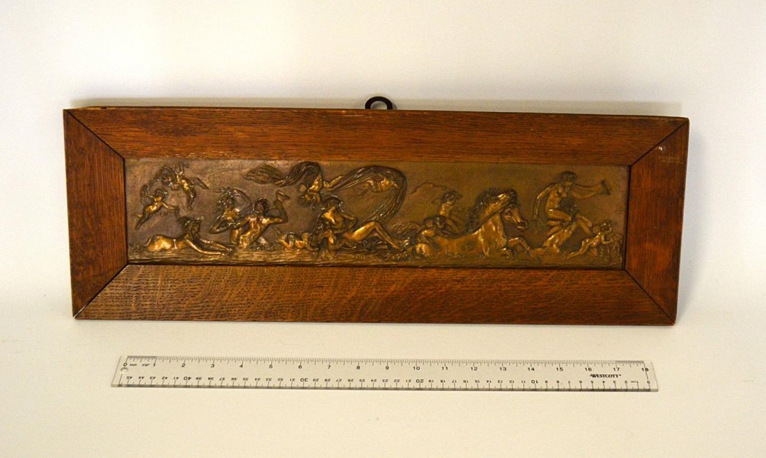 Neo-Classical Bronze Plaque, Birth of Venus: Depiction of Venus on a shell drawn by Hippocantus with numerous sirens and putto. 4" x 18 1/2" - plaque only. In good condition.