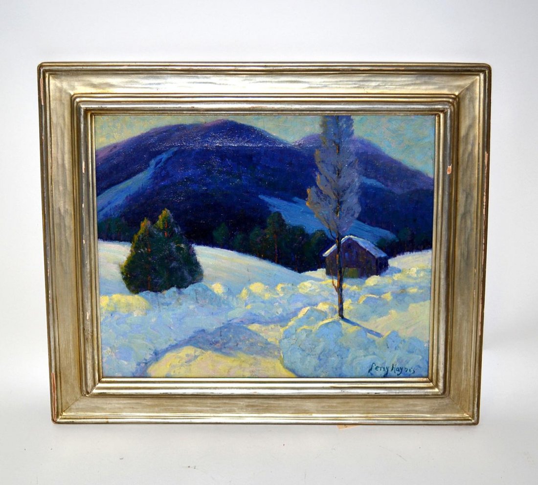Perry Haynes Oil on Canvas, Winter Landscape: Winter time mountain landscape with barn. Signed bottom right "Perry Haynes." Image: 13 3/4" x 15 3/4", Frame: 19" x 21". In very good condition.