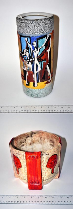 Czech Studio Ceramic Cache Pot and Vase: Features a crackle-glaze with devil-head masks and plaster accents [7 1/2" Dia x 6 1/2" H] accompanied by a ceramic vase with cubist style dancing figures. [5 1/2" Dia x 12 1/2" H]