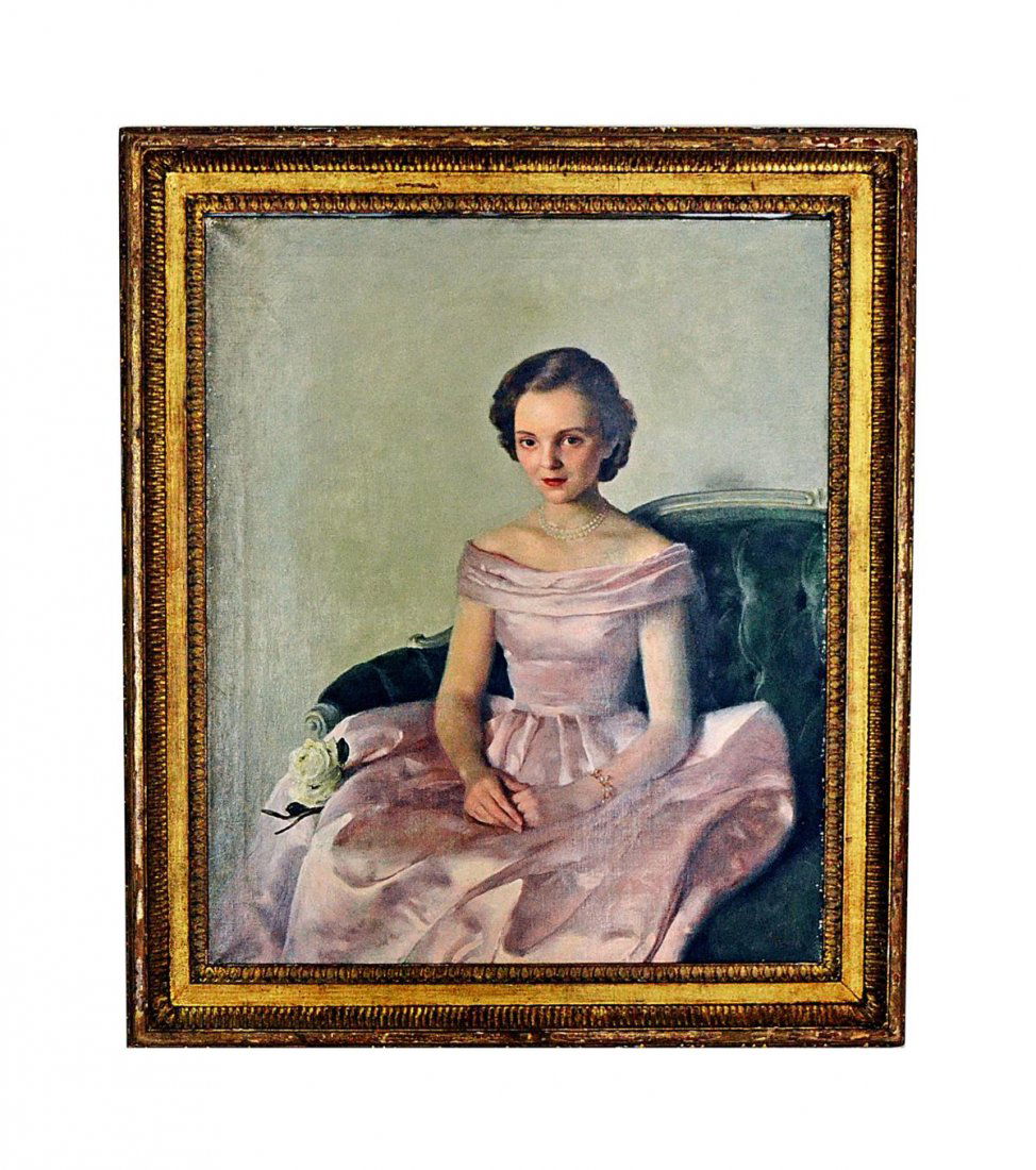 John Koch Portrait, Miss Ann Hawkness: Gilt framed oil on canvas of Miss Ann Hawkness in pink on a green chair signed lower right "Koch". Good condition. Approx art: 25" x 29", frame: 32" x 37"