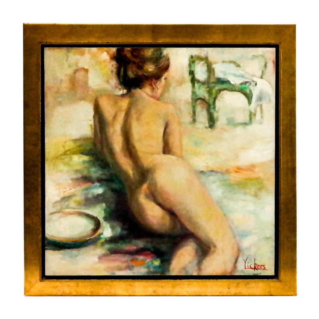 VICKERS: Female Nude Study: Oil on canvas female nude study from behind. Signed "Vickers" lower right. Receipt from David Gary Fine Art. [Art: 24 x 24 inches; Frame: 29 x 30 inches].