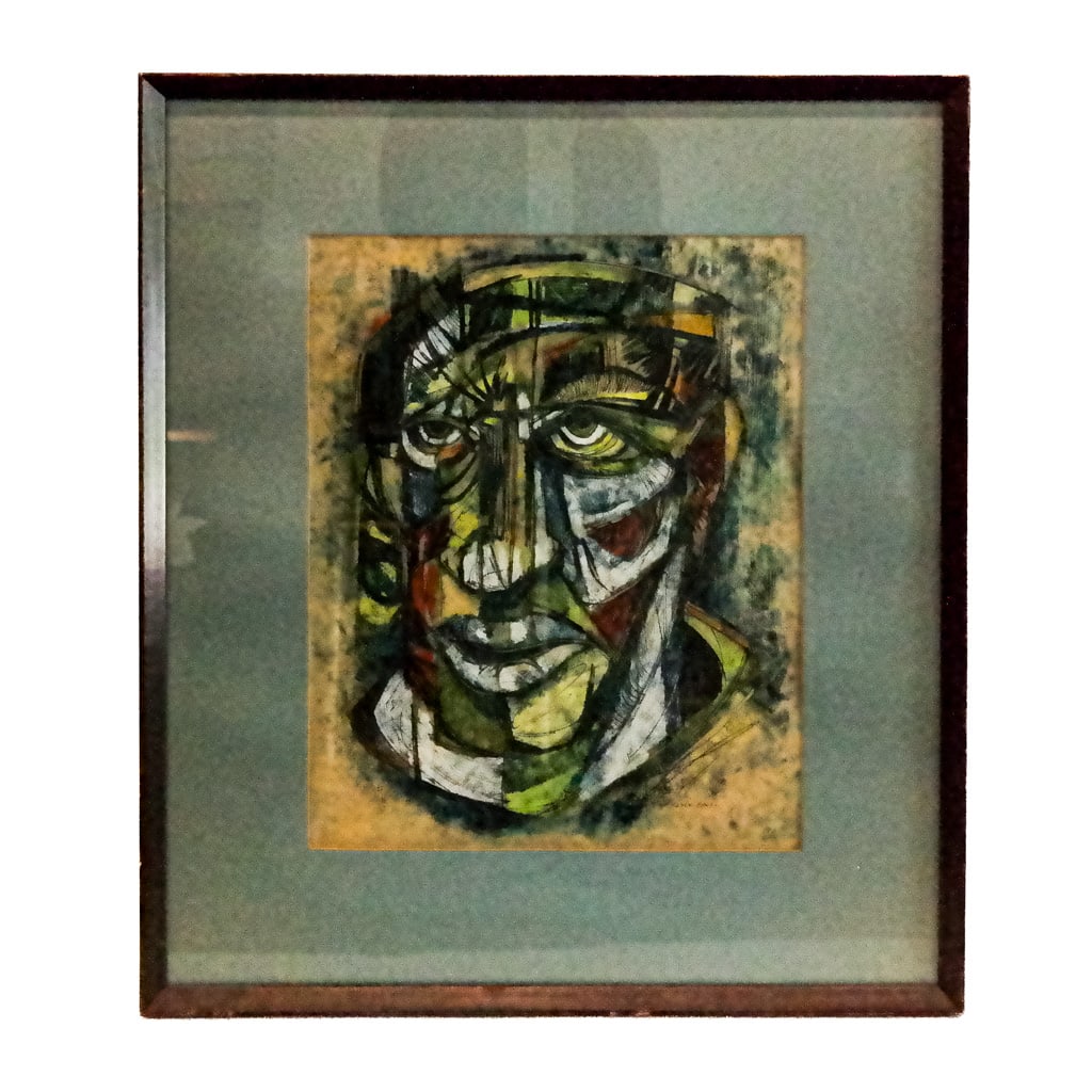 Clyde BALL: Mixed Media Face of a Man: Clyde Ball, mixed media on paper depicting the face of a man. Signed, lower right. [Sight: 20 x 15 inches; Frame: 30 x 26 inches].