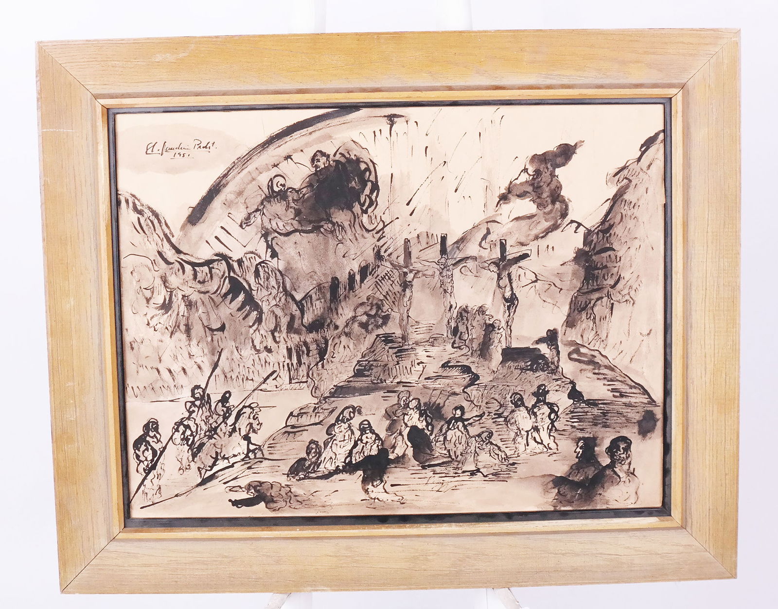 Joachim PROBST: "Vermont Crucifixion" Ink on Paper: Joachim Probst (American, 1913-1980) ink on paper titled "Vermont Crucifixion." [Art: 17 x 23 inches; Frame: 30 1/2 x 24 inches]. In good condition.