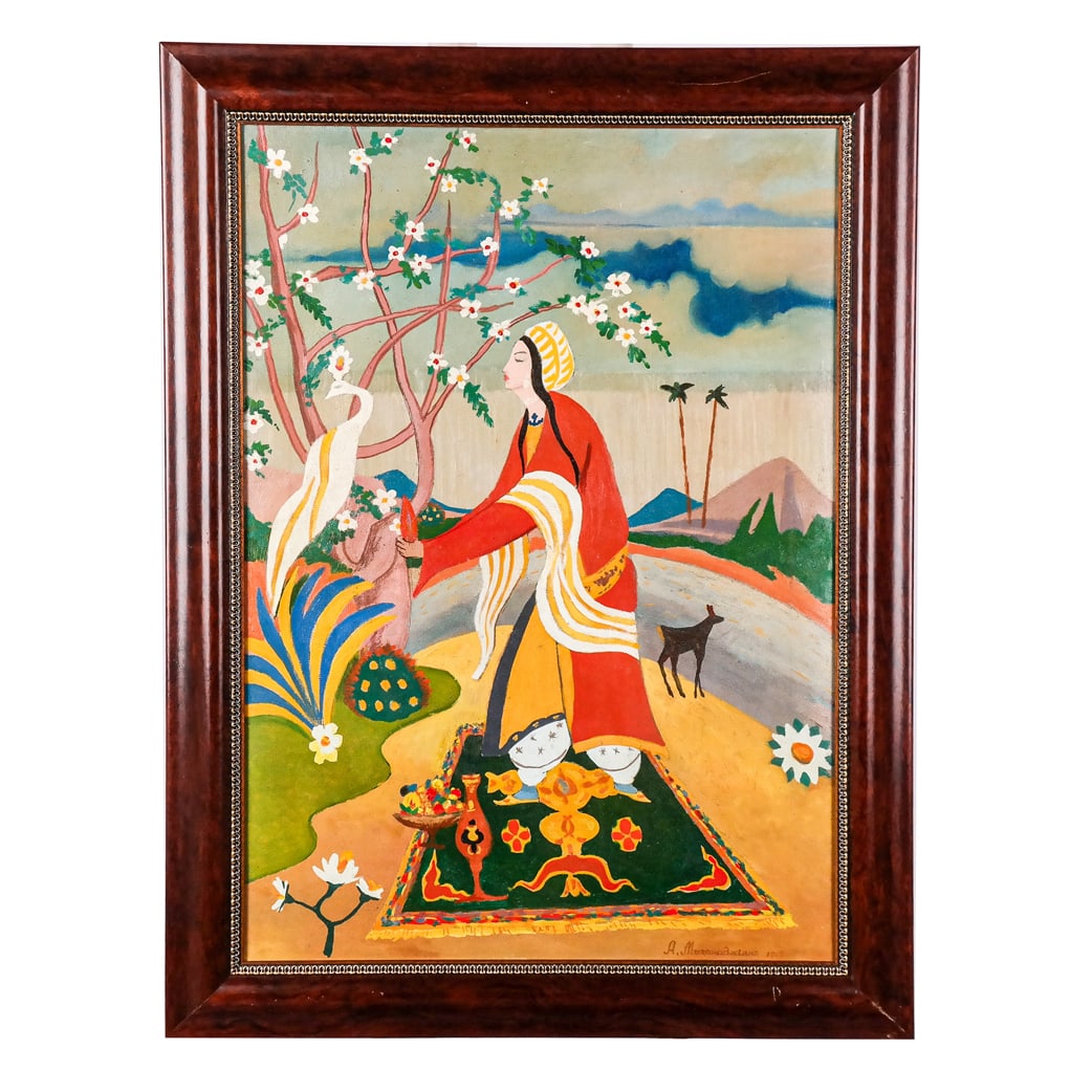 Avakim MIGANAJIAN: The Peacock Angel: Avakim Miganajian (Armenian, 1883-1938). Painting circa 1915 depicting a colorful scene of a Yazidi woman presenting an offering to Tawusi Melek (The Peacock Angel). Oil on canvas. Signed "A. Miganaji