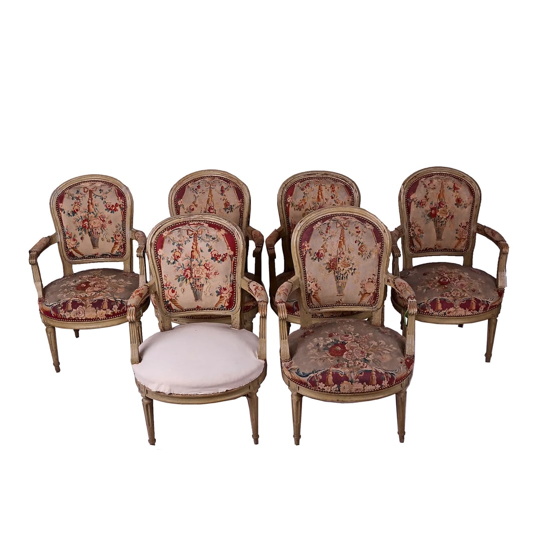 Set of 6 Louis XVI Stamped Armchairs: Set of six Louis XVI stamped armchairs, circa 1790, the base stretchers stamped "F. La Pierre a Lyon", for Francois La Pierre (French, 1753-1823) (Maitre 1784) with green paint decoration to the carve