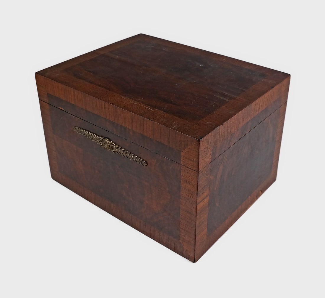 Antique Benson & Hedges Humidor: Early 20th century mahogany and satinwood inlaid and lined humidor with hinged lid by Benson & Hedges, NY. [9 1/2" H x 15" W x 12" D]. Splits in wood.