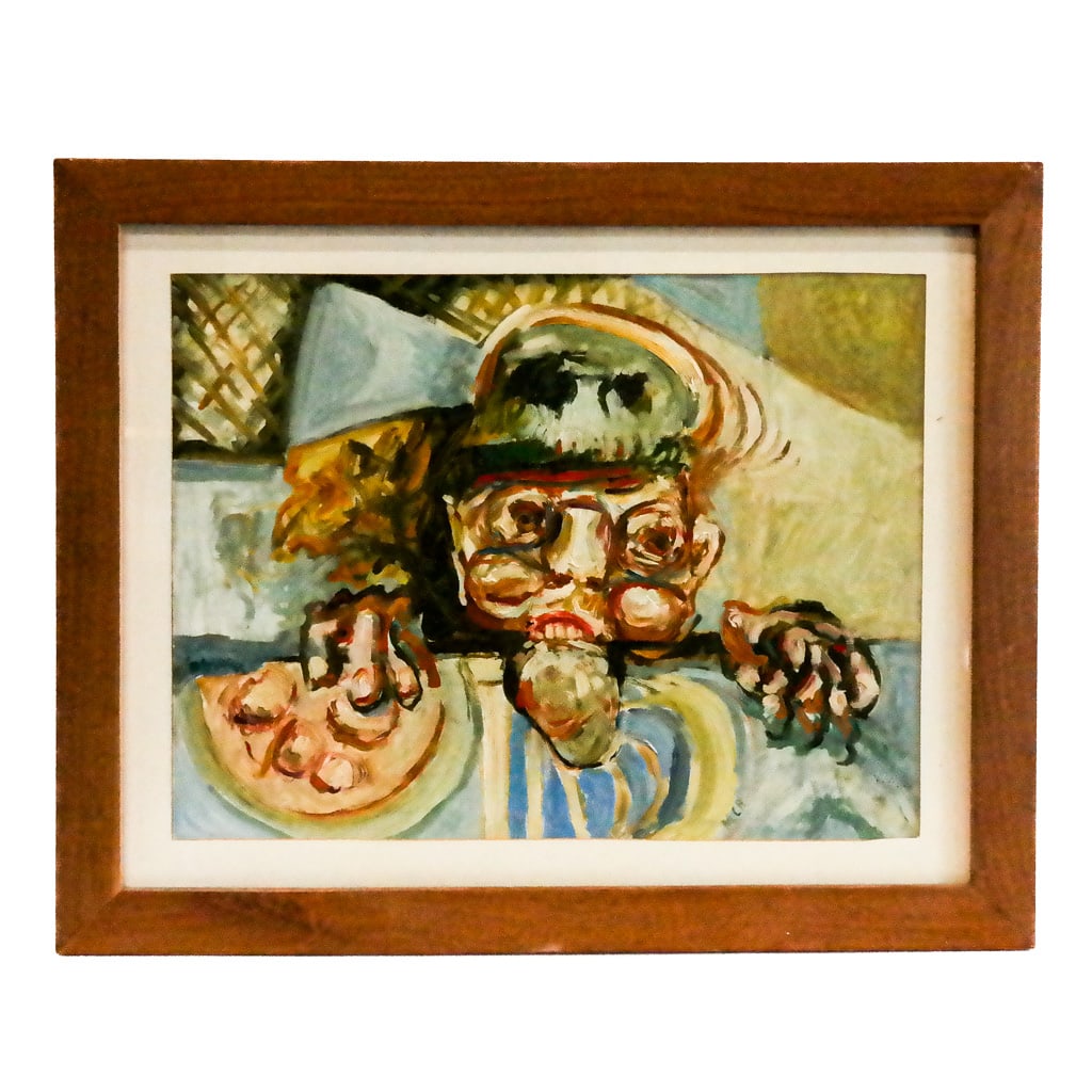 Marco CELOTTI: "Clown's Supper" - Painting: Marco Celotti oil on paper painting titled "Clown's Supper", depicting a clown looking at a table still life, signed lower right, middle center right and on verso, Washington Square Art Show '83. [Art