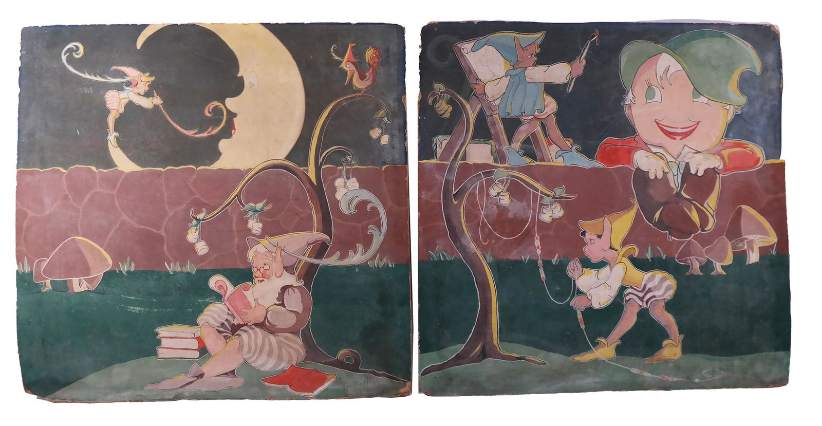 Pair of Theatrical Cartoon Panels: Pair of theatrical cartoon panels, one signed illegibly. [Each: 48 x 48 inches]. Panels warped, with losses.