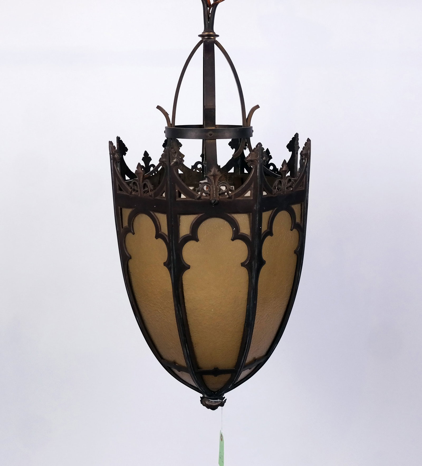 Gothic Revival Brass and Glass Lantern: Early 20th century Gothic Revival brass and glass lantern. [35 H x 16 diam. inches]. Light oxidation and wear.