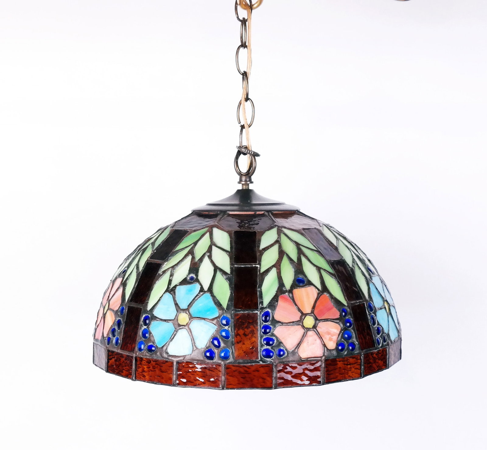 Mid-Century Color Glass Pendant Dome Fixture: Circa 1970, with floral details. Hairline cracks, light residue and oxidation.