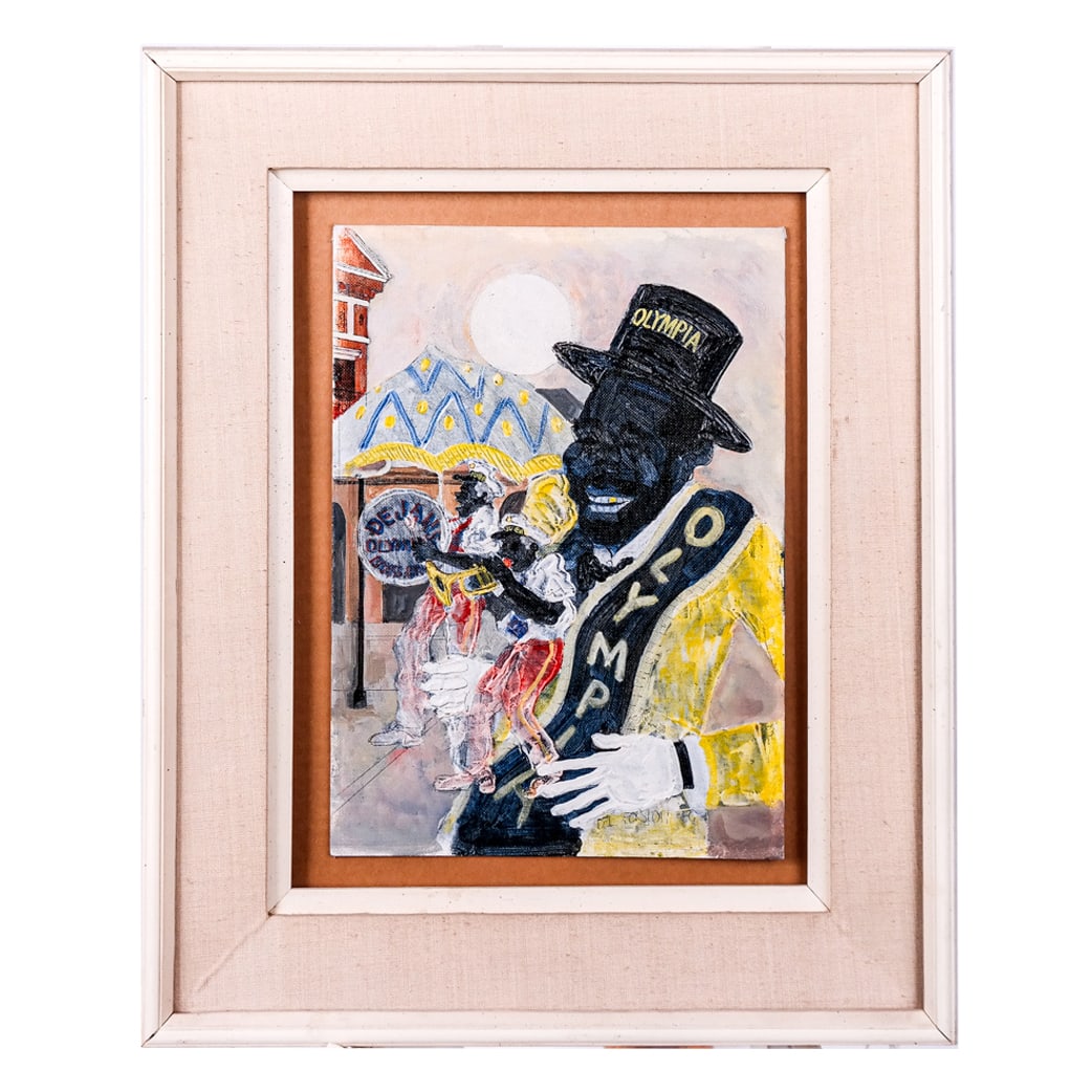 Del FORSLOFF: Olympia Figure: Del Forsloff figure at a carnival with a man in a sash and top hat, both inscribed "Olympia", signed lower right. [Art: 14" H x 9 1/2" W; Frame: 21" H x 17" W]. In good condition.