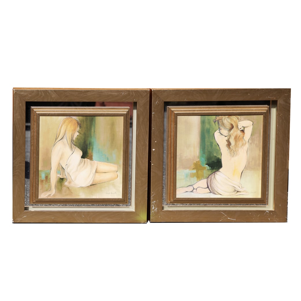 Pair of Reclining Females - Painting: Illegibly signed painting of a pair of reclining females. [Art: 9" x 9"; Frame: 15" x 15"]. In good condition.