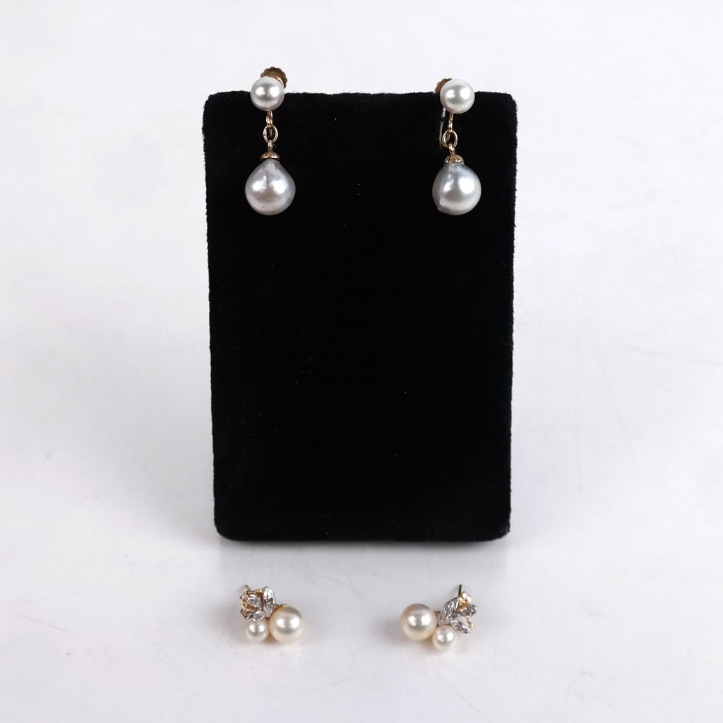 Two Pairs 14K Gold and Pearl Earrings (1 of 9)
