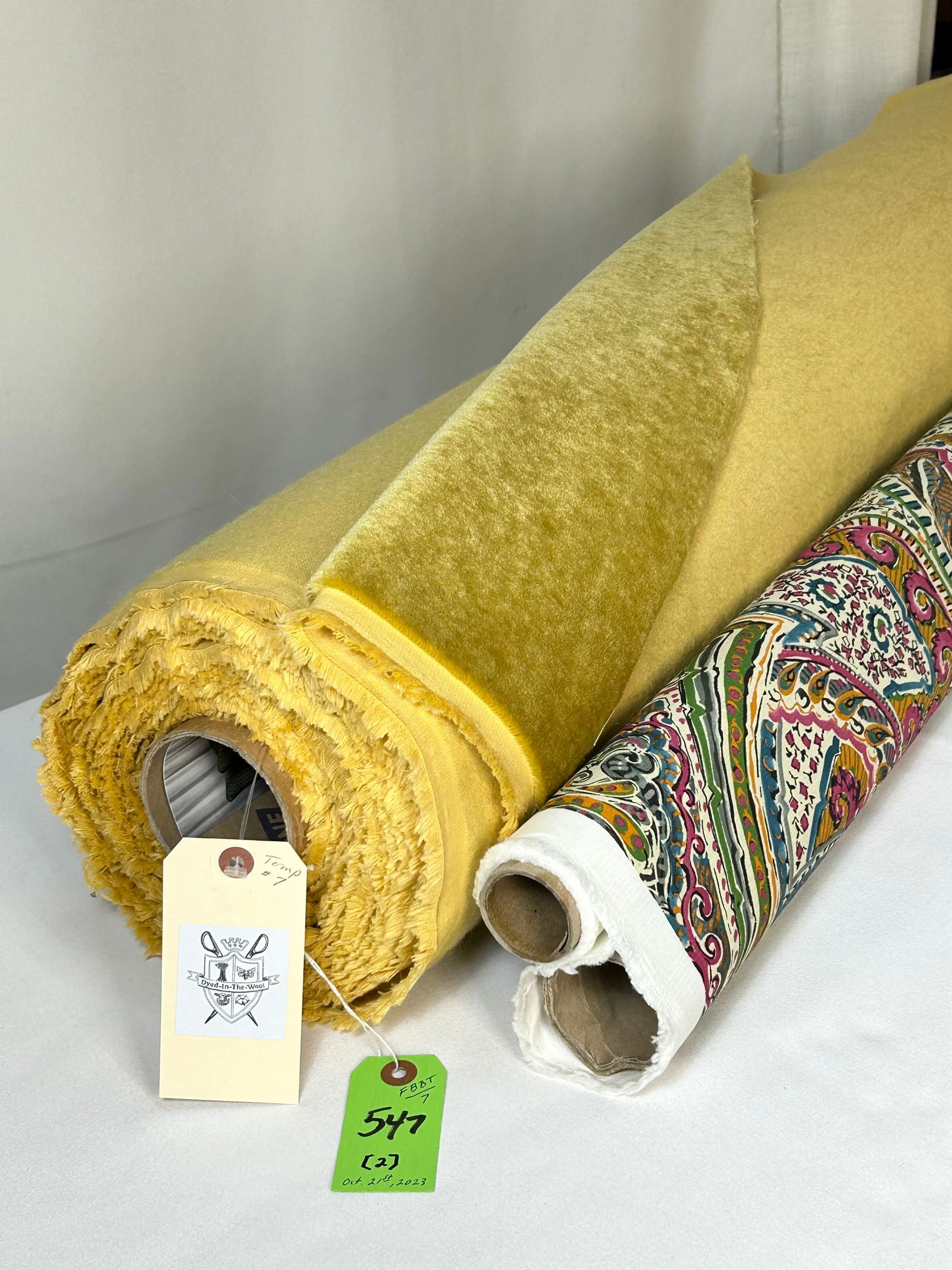 Clarence House Print and Mohair Velvet Fabrics: 1) 2 yards of Clarence House Italian 8-color hand-printed linen "Katmandu Paisley", in multi and green, 54" width. The all-purpose quality has design repeats of 27" vertical by 27" horizontal. 2) 8 ya