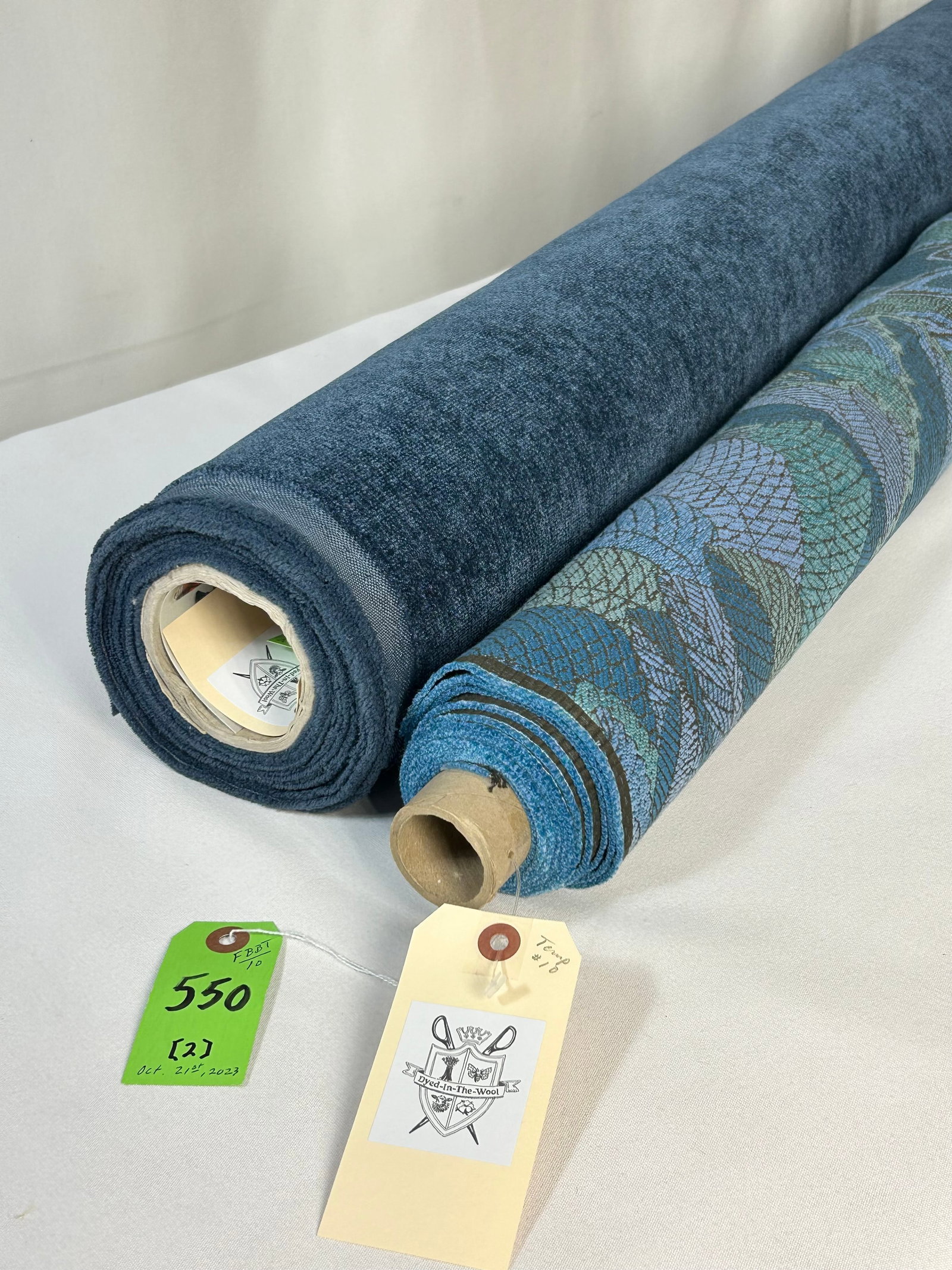Shumacher and Romo Blue Fabrics: 1) 3 1/4 yards of Schumacher's "Japura Forest" in blues and aquas, # 80563, 55" width. Woven in France, the Deco style tropical jacquard is 71% cotton and 29% viscose, with a 62" vertical repeat and h
