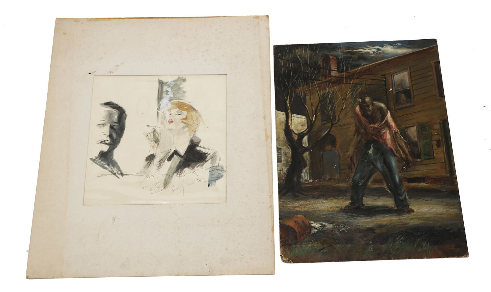 Elmer Nelson BISCHOFF: Two Works: Elmer Nelson Bischoff (American, 1916-1991) oil on hard paper depicting a dark figure by the side of a house, signed lower right [20" H x 15" W] and a watercolor and ink on paper depicting a woman and