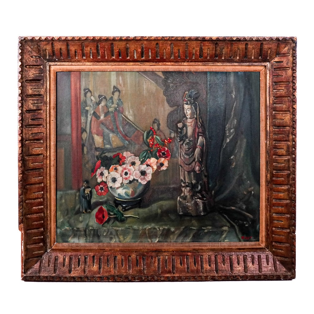 Continental School: Still Life Painting: Still life painting in the manner of Theodore Lukits depicting flowers and Chinese figure of Guanyin. Oil on masonite board. Illegibly signed lower left. [Frame: 37 x 41 1/2 inches]. Scattered marks a
